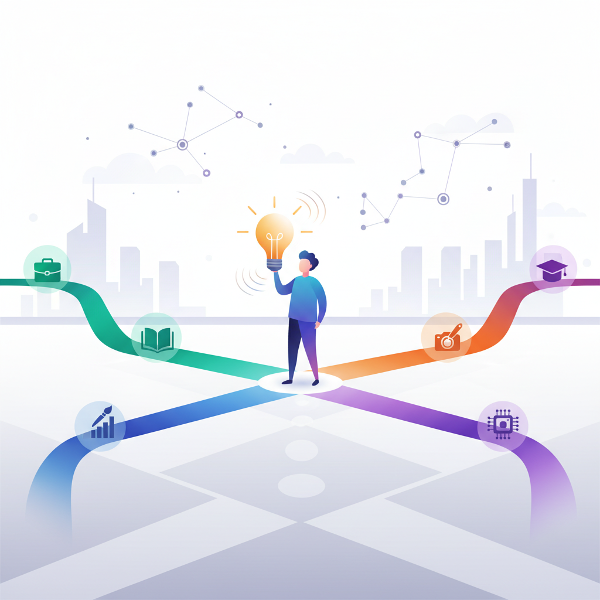 Một người đứng tại ngã rẽ với nhiều con đường sự nghiệp được chiếu sáng, cầm bóng đèn tượng trưng cho khám phá bản thân.