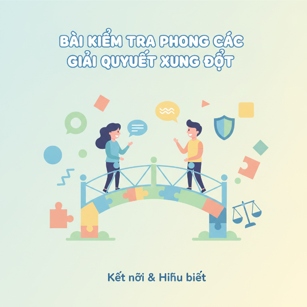 Hình ảnh minh họa hai người đang đối thoại trên cây cầu bắc qua hố sâu, với các mảnh ghép màu sắc xung quanh tượng trưng cho sự đa dạng trong cách giải quyết xung đột, thể hiện sự thấu hiểu và hòa giải.