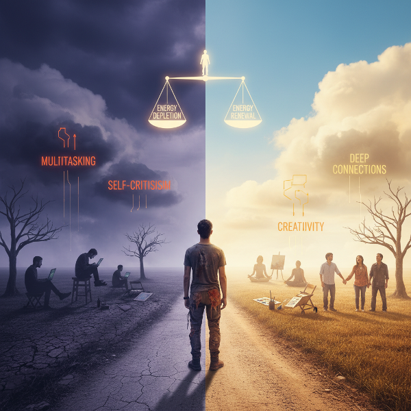 Một người đứng trước ngã rẽ, một con đường tối tăm với các hoạt động tiêu hao năng lượng và con đường sáng sủa với các nguồn phục hồi, thể hiện sự cân bằng năng lượng tâm lý hàng ngày.