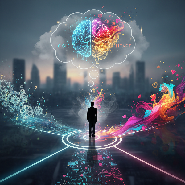 Một người đứng trước ngã rẽ của nhiều con đường phát sáng, đại diện cho các lựa chọn. Một bên là logic với số và bánh răng, bên kia là trực giác với màu sắc và cảm xúc chảy trôi. Bong bóng suy nghĩ phía trên cho thấy bộ não chia đôi giữa lý trí và trái tim, bao quanh bởi sự mơ hồ và những rủi ro lấp lánh.