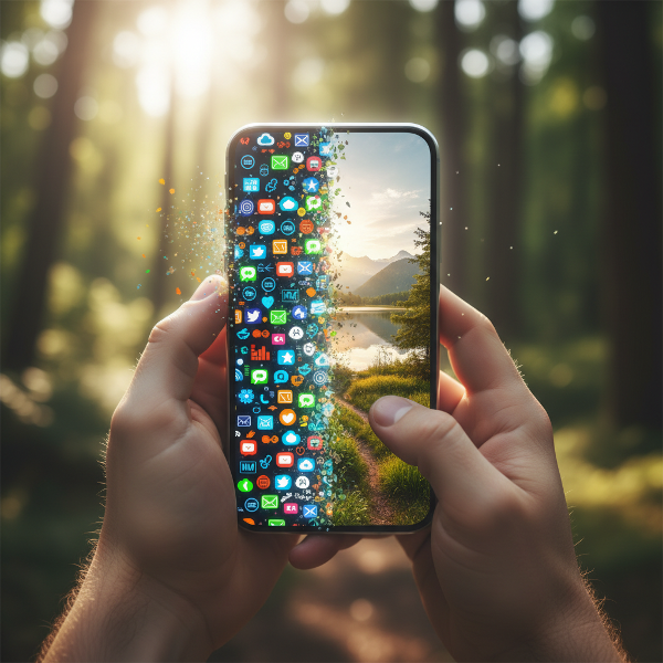 Một người cầm điện thoại thông minh phát sáng, một bên hiện biểu tượng số sôi động, bên kia hòa vào cảnh thiên nhiên thanh bình, tượng trưng cho sự cân bằng giữa đời sống số và kết nối thực tế.