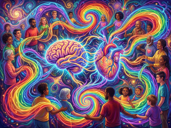Một hình ảnh trừu tượng, sinh động thể hiện bộ não và trái tim con người hòa quyện, với các đường dẫn thần kinh phát sáng, xung quanh là những người đa dạng kết nối qua các sóng năng lượng cảm xúc đầy màu sắc.