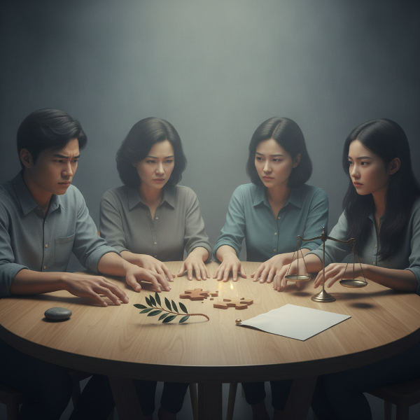 Bức tranh thể hiện một gia đình đang đối mặt với mâu thuẫn, mỗi người thể hiện phong cách giải quyết xung đột khác nhau.