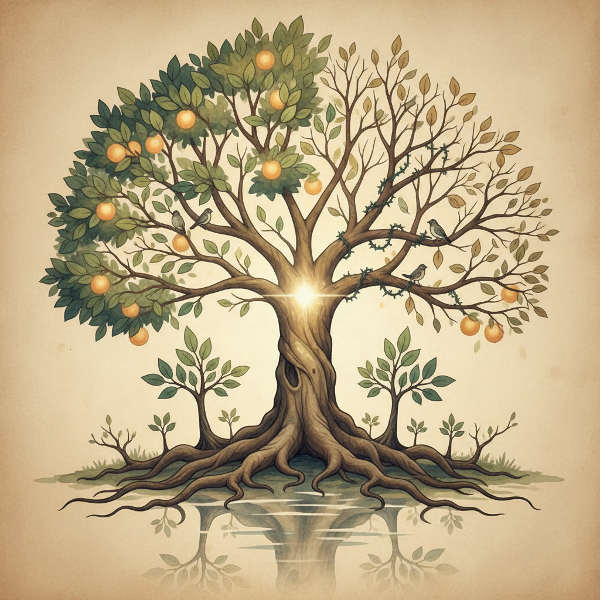 Một cây gia đình với rễ và cành đan xen, tượng trưng cho động lực và phong cách nuôi dạy đang định hình các mối quan hệ.