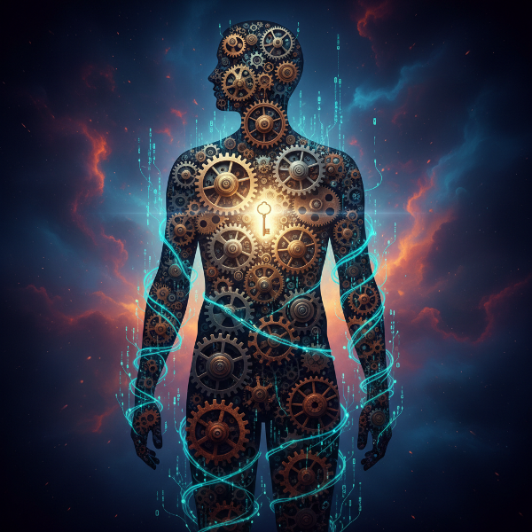 Một hình ảnh ẩn dụ về con người bị chi phối bởi các thói quen tự động hóa, được thể hiện bằng bánh răng và các sợi dây kỹ thuật số, với điểm nhấn là chìa khóa của sự thay đổi có ý thức.