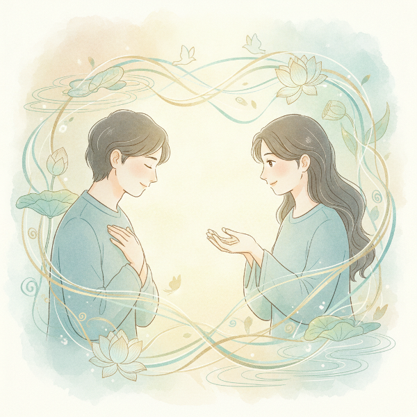 Hình ảnh minh họa hai người ngồi bên nhau, một người lắng nghe với bàn tay đặt trên tim, xung quanh là những đường nét ánh sáng kết nối và thiên nhiên nhẹ nhàng, thể hiện sự đồng cảm và thấu hiểu sâu sắc.