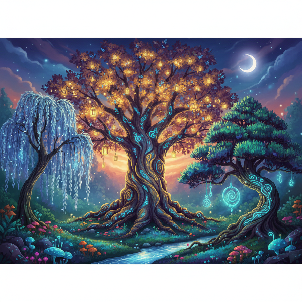 Khu rừng ma thuật với những cây phát sáng, tạo không khí huyền bí và vui nhộn cho bài kiểm tra tính cách.