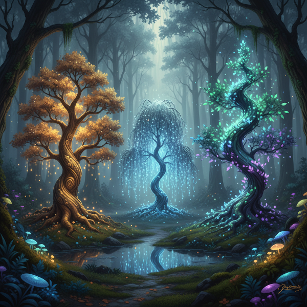 Khu rừng thần bí với ba cây phát sáng đại diện cho tính cách, ánh sáng kỳ ảo xuyên qua tán lá tạo không khí thư giãn.