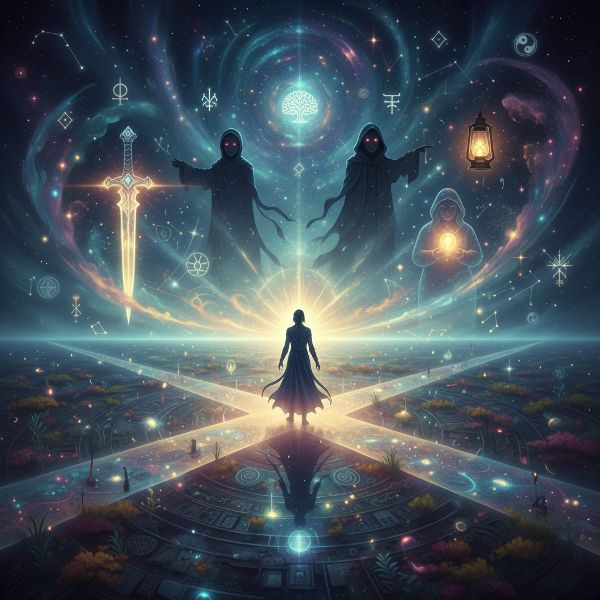 Một cảnh quan huyền bí, phiêu diêu đại diện cho vùng tâm trí vô thức. Một nhân vật đơn độc đứng tại ngã tư, được bao quanh bởi các biểu tượng cổ mẫu xoáy: thanh kiếm của Anh Hùng, hình bóng của Cái Bóng, hình ảnh Người Mẹ nuôi dưỡng và chiếc đèn lồng của Hiền Nhân. Con đường phía trước tỏa sáng với ánh sáng nội tâm, dẫn đến sự hòa hợp bản thân.