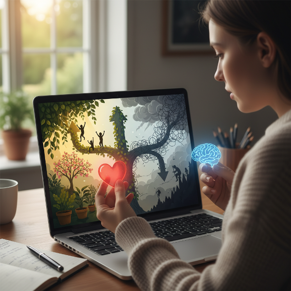 Một người đang suy tư trước màn hình máy tính thể hiện ngã rẽ sự nghiệp, với một bên tươi sáng, viên mãn và bên kia u ám, căng thẳng, biểu tượng cho sự đánh giá giữa cảm xúc và lý trí về công việc.