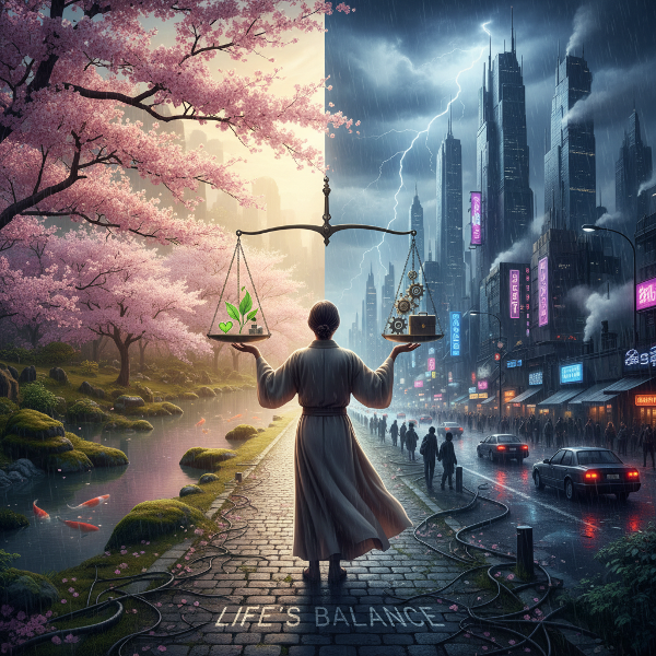Một người đứng trước ngã rẽ, một bên là khu vườn yên bình, một bên là thành phố hỗn loạn, cầm cán cân giữa công việc và sức khỏe, tượng trưng cho việc quản lý căng thẳng và cân bằng cuộc sống.