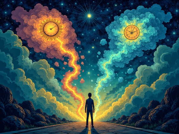 Một người đứng trước ngã rẽ, một con đường rực rỡ với phần thưởng bên ngoài, con đường kia tỏa sáng bởi niềm vui nội tâm. Đồng hồ tượng trưng cho sự trì hoãn, ý chí mạnh mẽ là ngọn đèn dẫn lối.