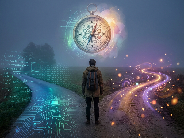 Một người đứng trước ngã rẽ, một con đường tỏa sáng với biểu tượng logic và dòng dữ liệu, con đường còn lại lấp lánh với tia lửa trực giác và màu sắc cảm xúc. Một la bàn lơ lửng phía trên, hòa quyện giữa phân tích và cảm nhận.