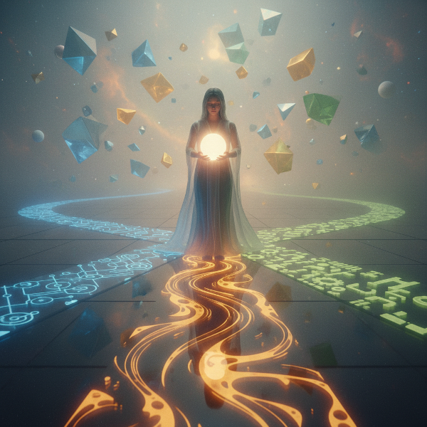 Một người đứng tại ngã tư của nhiều con đường, mỗi con đường phát sáng với màu sắc khác nhau tượng trưng cho tư duy phân tích, sáng tạo và thực tế. Người đó cầm một quả cầu ánh sáng, biểu tượng cho sự tự nhận thức và ra quyết định. Bầu không khí siêu thực, mơ màng với các hình khối hình học lơ lửng và ánh sáng mềm mại.