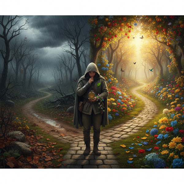 Một người đứng trước ngã rẽ cuộc đời, một con đường đầy khó khăn và một con đường tươi sáng, tượng trưng cho sự lựa chọn, khả năng phục hồi và phát triển sau thử thách.