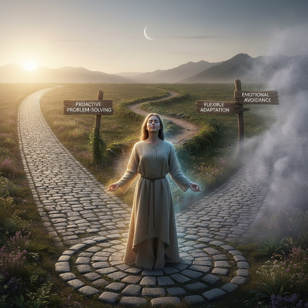 Một người đứng trước ngã ba đường, tượng trưng cho ba phong cách đối mặt với stress: đường thẳng rõ ràng, đường mòn uốn lượn linh hoạt và con đường mờ ảo. Hình ảnh thể hiện sự tĩnh lặng, tự khám phá bản thân.