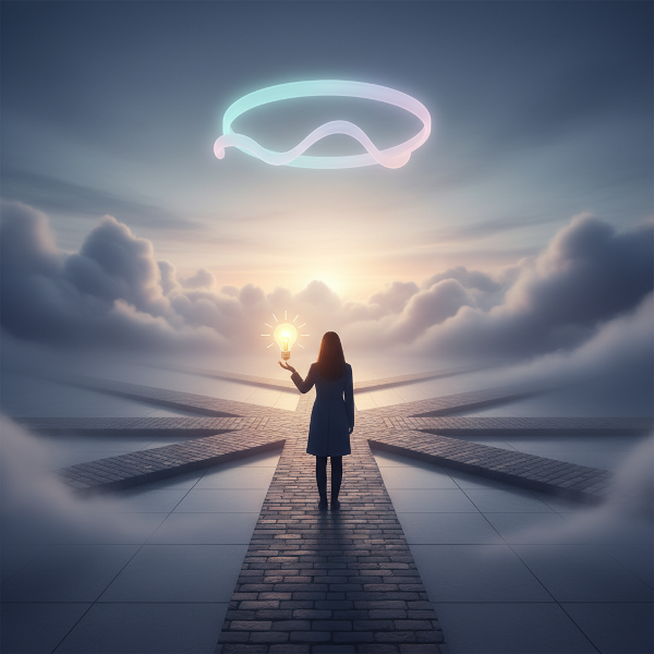 Một người đứng trước ngã rẽ cuộc đời, cầm la bàn biến thành bóng đèn sáng tạo, thể hiện khả năng thích ứng và biến thay đổi thành cơ hội.