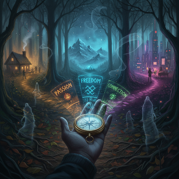 Một người đứng ở ngã ba đường trong khu rừng sương mù, cầm la bàn phát sáng chiếu ra các giá trị sống. Các con đường mờ ảo phân nhánh thành những kịch bản cuộc sống khác nhau.