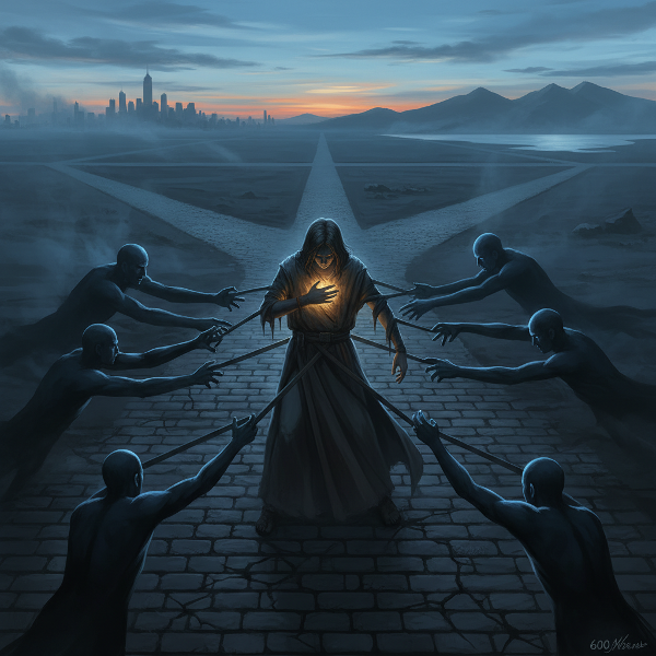 Một người đứng tại ngã tư với nhiều bóng mờ kéo theo các hướng khác nhau, tượng trưng cho áp lực xã hội và những lựa chọn khó khăn. Ánh sáng mềm mại và tương phản làm nổi bật sự xung đột nội tâm và khả năng phục hồi.