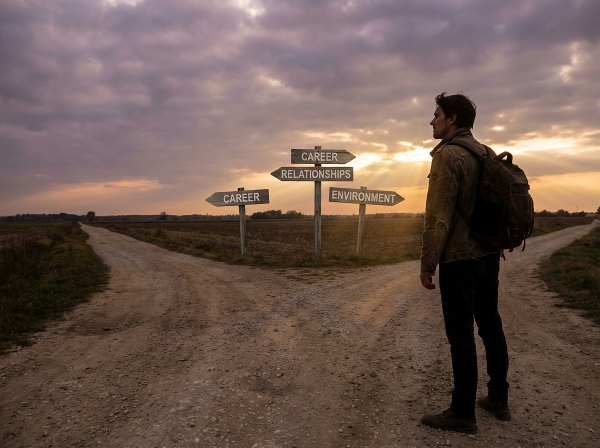 Một người đứng tại ngã rẽ cuộc đời, nhìn về phía trước với nhiều con đường thay đổi khác nhau, tượng trưng cho sự thích ứng và cơ hội.
