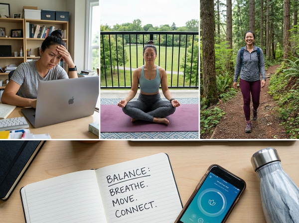 Một người trong cuộc sống hiện đại đang cảm thấy quá tải bởi căng thẳng, nhưng sử dụng các cơ chế đối phó lành mạnh như thiền, tập thể dục và thiên nhiên để quản lý áp lực và bảo vệ sức khỏe tinh thần và thể chất.