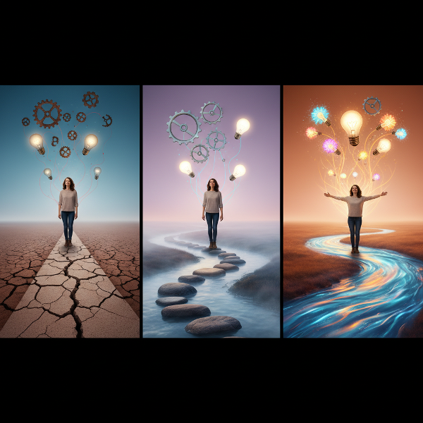 Một người đứng tại ngã ba đường với ba con đường tượng trưng cho các mức độ thích ứng tâm lý: bất động, thích ứng từng bước và linh hoạt vượt trội, trong bối cảnh có các biểu tượng trừu tượng về sự thay đổi và sáng tạo.