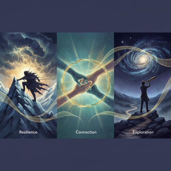 Hình ảnh tượng trưng cho ba động lực: Sức bền như người leo núi, Kết nối như những bàn tay, và Khám phá như người ngắm vũ trụ.