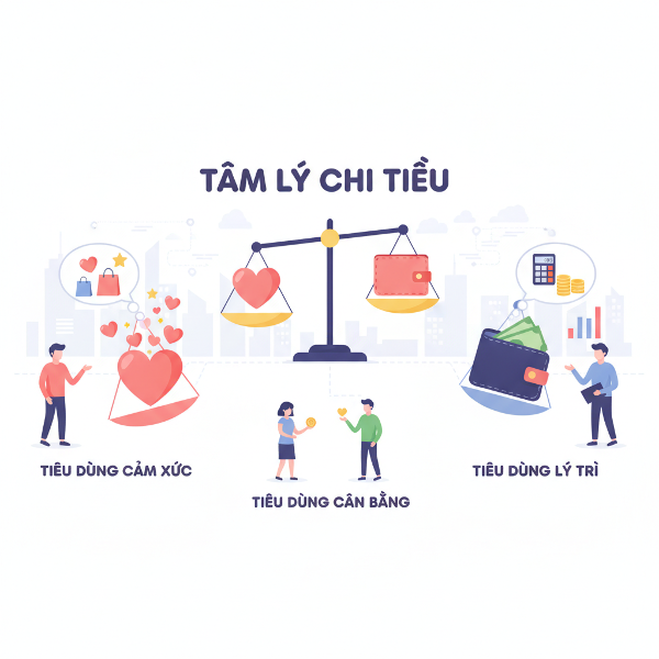 Hình ảnh minh họa về tâm lý chi tiêu, với chiếc cân tượng trưng cho sự cân bằng giữa cảm xúc và tài chính, bao quanh bởi các biểu tượng như trái tim, đồng xu và ví tiền, phong cách phẳng, hiện đại và màu sắc tươi sáng.