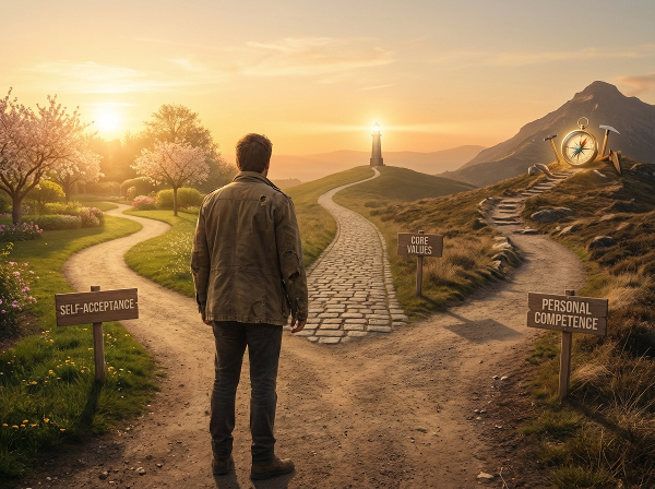 Một người đứng tại ngã tư của nhiều con đường, mỗi con đường dẫn đến những phong cảnh biểu tượng khác nhau đại diện cho sự tự chấp nhận, giá trị cốt lõi và năng lực cá nhân. Cảnh tượng mang tính nội tâm, với ánh sáng ấm áp và đầy hy vọng.