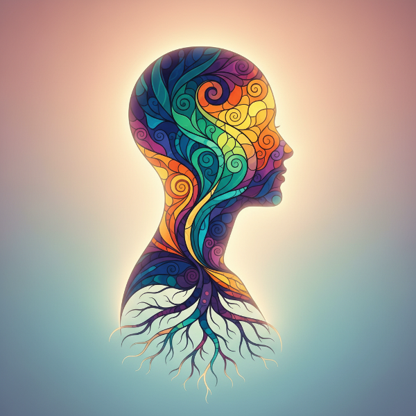 Hình ảnh trừu tượng một bóng người với khảm màu cân đối, tượng trưng cho sự tự chấp nhận, lòng tự trọng và niềm tin vào năng lực bản thân.