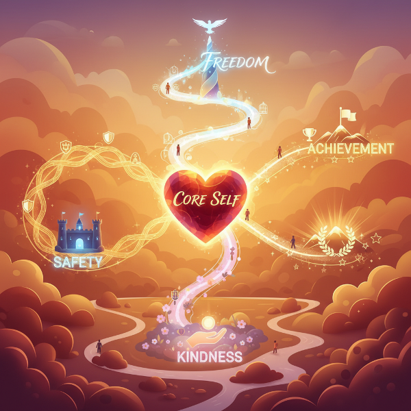 Một bản đồ biểu tượng về các giá trị cốt lõi, với những con đường tỏa ra từ một trái tim trung tâm, dẫn đến các địa danh rực rỡ đại diện cho an toàn, tự do, thành tựu và lòng tốt.