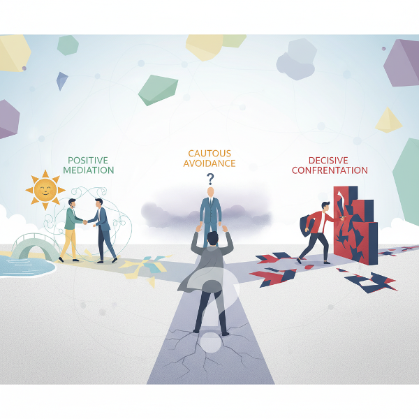 Hình ảnh minh họa ba phong cách giải quyết xung đột tại một ngã ba đường, sử dụng biểu tượng trừu tượng và màu sắc nhẹ nhàng để thể hiện Hòa giải tích cực, Tránh né thận trọng và Đối đầu quyết đoán.