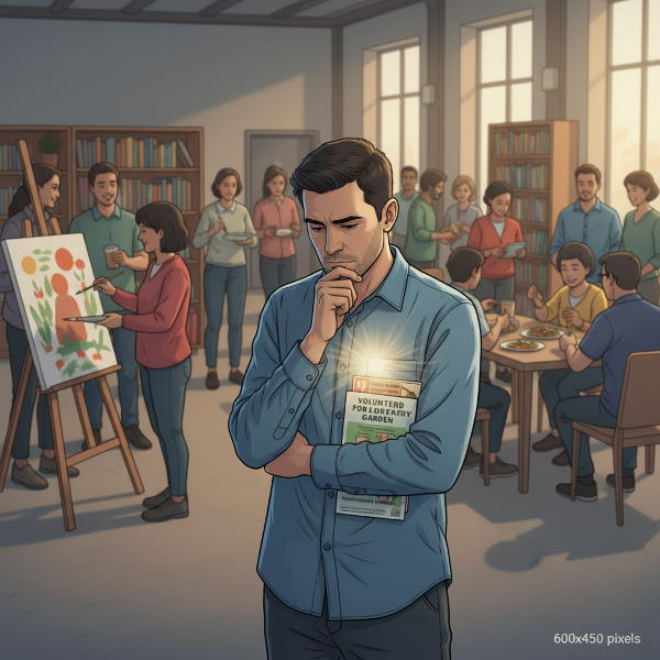 Một người đàn ông trầm tư cảm thấy cô đơn trong đám đông, đang tìm cách kết nối sâu hơn trong các hoạt động cộng đồng.