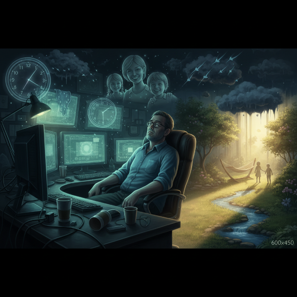 Một người đàn ông mệt mỏi trong văn phòng đêm khuya, được ánh sáng tâm lý dẫn lối qua những biểu tượng căng thẳng để tìm lại sự cân bằng.