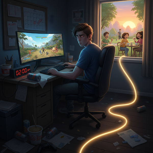 Một sinh viên nam mệt mỏi trước màn hình game lúc 2 giờ sáng, với con đường ánh sáng dẫn tới các hoạt động lành mạnh như tập thể dục và gặp gỡ bạn bè.