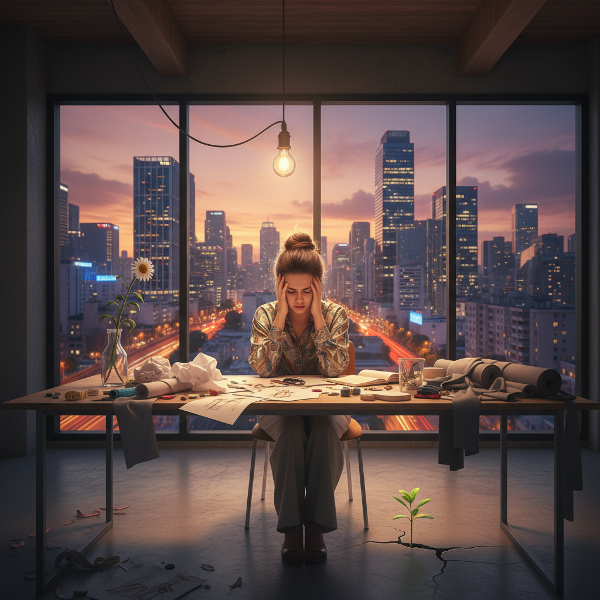 Một nhà thiết kế thời trang trẻ đang trải qua khủng hoảng sau thất bại, trong không gian sáng tạo của cô, với hình ảnh tương phản giữa sự mệt mỏi và hy vọng mới nảy mầm.