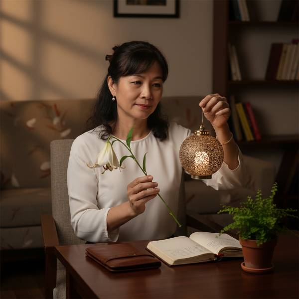 Một nhà tâm lý học trung niên trong phòng tư vấn ấm áp, một tay cầm bông hoa héo úa, tay kia nâng niu ngọn đèn nhỏ tỏa sáng, thể hiện nỗi đau và hành trình tìm lại ánh sáng nội tâm.