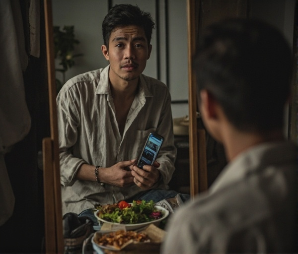Người đàn ông Việt 31 tuổi đứng trước gương, vừa lo âu vừa quyết tâm, xung quanh là các gợi ý thay đổi lành mạnh như bữa ăn cân bằng và giày thể thao.