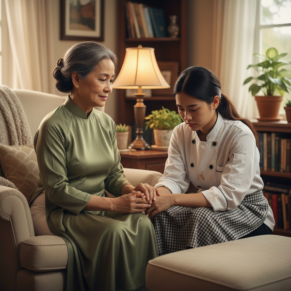 Một người mẹ Việt Nam 64 tuổi, từng là nhà giáo, đang ngồi trong phòng khách ấm áp, nhẹ nhàng nắm tay con gái 35 tuổi - một đầu bếp đang chịu đựng chấn thương tâm lý sau tai nạn. Khung cảnh thể hiện sự đồng hành, yêu thương và hỗ trợ tinh thần.