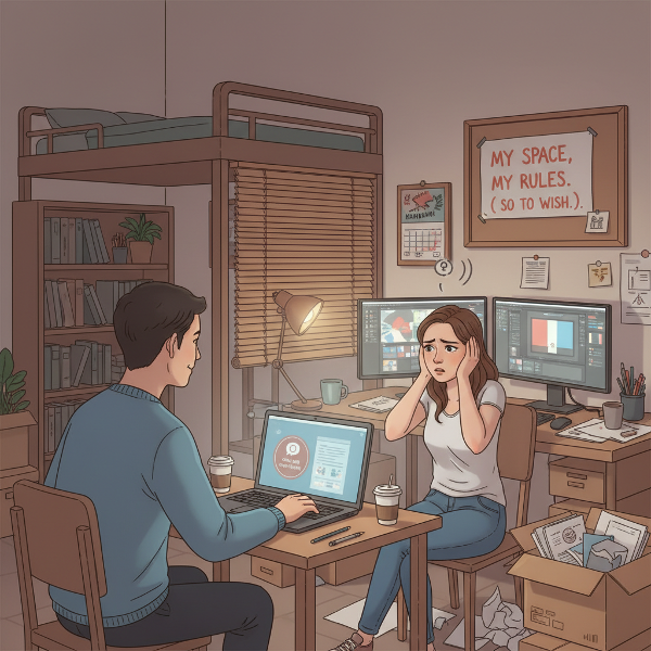 Một nhà tâm lý trực tuyến nam đang thảo luận với một nhà thiết kế nữ căng thẳng trong căn hộ nhỏ, minh họa sự quá tải cảm xúc và nhu cầu thiết lập ranh giới lành mạnh.