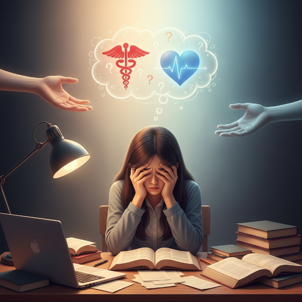 Một cô gái trẻ Việt Nam đang chịu áp lực học tập và kỳ vọng gia đình, với ánh sáng ấm áp tượng trưng cho sự thấu hiểu và hướng dẫn tâm lý.