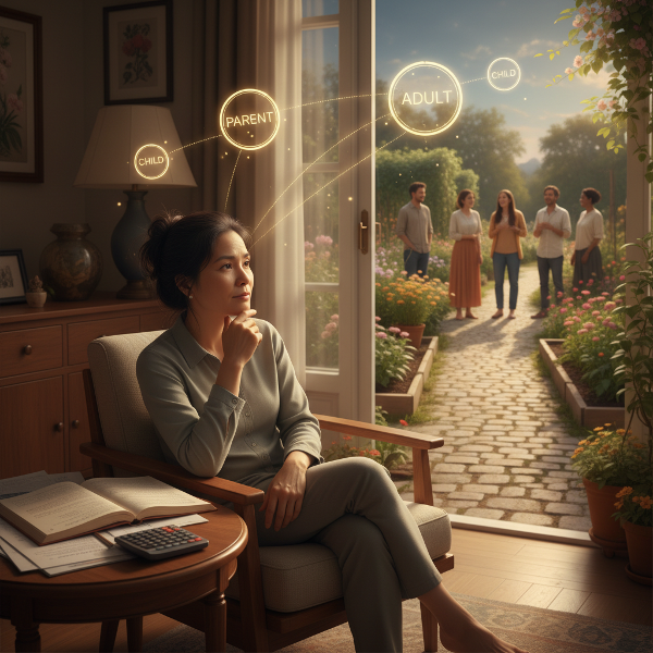 Một phụ nữ trung niên trong không gian yên tĩnh, với biểu tượng tâm lý học ánh sáng, đang hướng về một cộng đồng ấm áp.