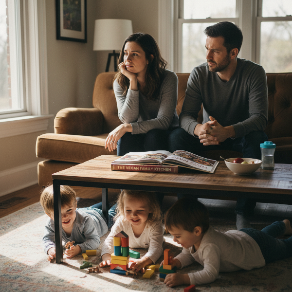 Một cặp vợ chồng ngồi trên sofa, họ đang trò chuyện căng thẳng, bên cạnh là con nhỏ chơi đồ chơi, không khí gia đình ấm cúng nhưng nặng nề