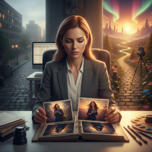 Một phụ nữ đứng trước ngã rẽ giữa công việc văn phòng an toàn và con đường nghệ thuật đầy đam mê, với ánh sáng dịu nhẹ thể hiện hy vọng và sự can đảm thay đổi.