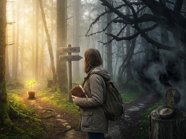 Một phụ nữ trung niên đứng trước ngã rẽ trong rừng sương mù, tượng trưng cho sự mất phương hướng và hành trình tìm lại bản thân giữa áp lực cuộc sống.