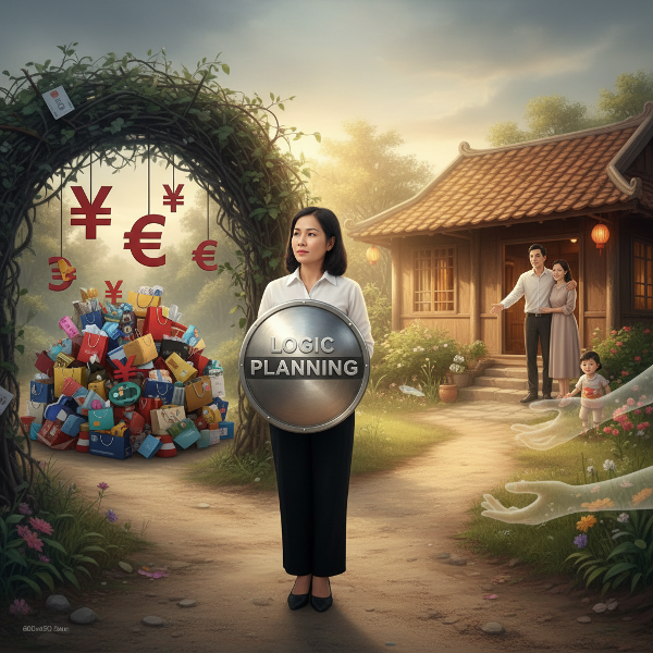 Một phụ nữ đứng trước ngã rẽ giữa quá khứ nghiện mua sắm và tương lai an toàn với bạn đời, cầm khiên bảo vệ bằng lý trí, được ánh sáng dịu dàng dẫn lối.