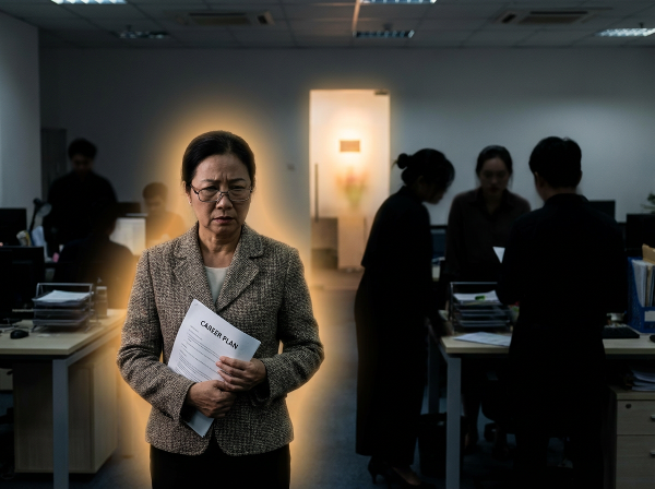 Một phụ nữ trung niên trong môi trường văn phòng độc hại, tạo ra một vùng an toàn tinh thần cho bản thân và hướng về cơ hội mới.