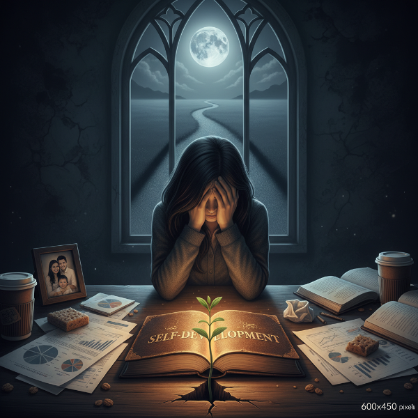 Một phụ nữ trẻ đối mặt với áp lực công việc và khủng hoảng hiện sinh trong đêm, với ánh sáng hy vọng le lói từ sách và cây non.