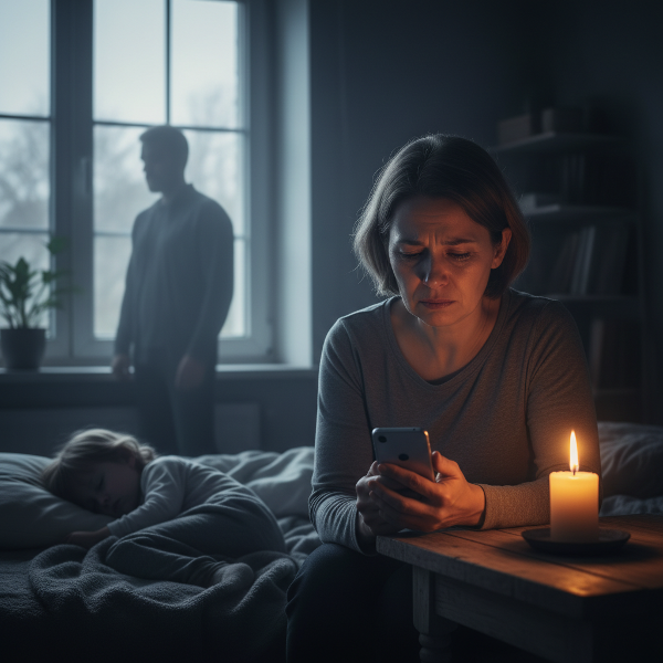 Một người phụ nữ đau khổ vì ngoại tình của chồng, trong phòng tối với đứa con nhỏ đang ngủ, có ánh nến tượng trưng cho hy vọng.