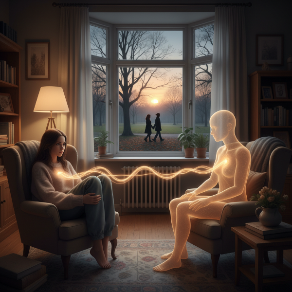Một phụ nữ trẻ tâm sự với hình ảnh ấm áp đại diện cho nhà tâm lý, ánh sáng dịu kết nối họ, bên ngoài là hình ảnh lãng mạn của một cặp đôi.